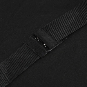 Close-up of black elastic webbing with double metal hook fasteners for adjustable fit
