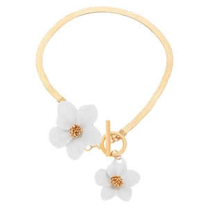 Elegant gold snake chain bracelet featuring white flower charms and T-bar toggle clasp
