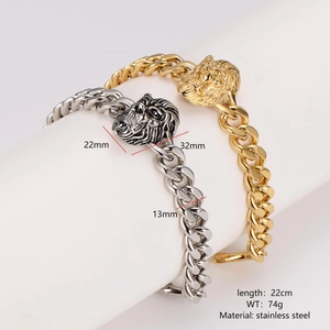 Men's stainless steel Cuban link bracelet featuring a bold 22mm lion head relief pendant