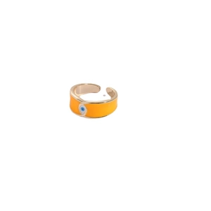14K gold plated evil eye open ring with vibrant orange enamel and blue eye detail