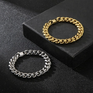 Polished gold and silver stainless steel Cuban link bracelet for men on gift box