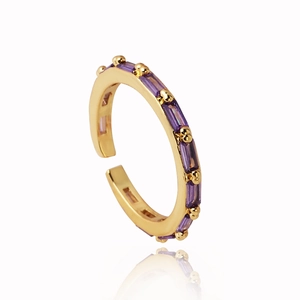 Adjustable 18K gold plated ring with rectangular purple zircon stones on white background