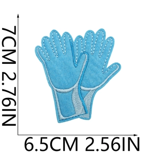 Detail of blue glove-shaped embroidered medical patches with precise dimension markers