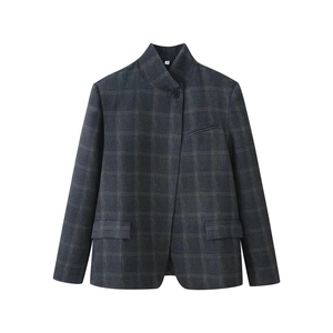 Flat lay of a grey plaid stand collar blazer for men in high-quality wool fabric