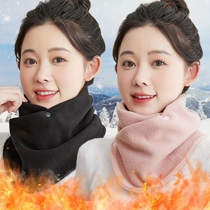 Plush winter neck warmer set in black and pink with button closure for outdoor warmth