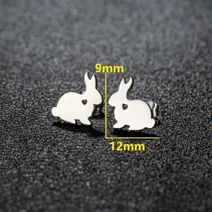 Minimalist silver rabbit studs with heart cutout in stainless steel, 9mm by 12mm size