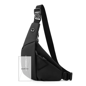Waterproof black chest bag detail showing 6.1-inch phone capacity and headphone port