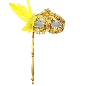 Golden Venetian sequin masquerade mask with yellow feathers and vintage hand-held stick