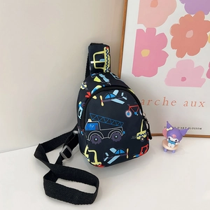 Close-up of black kids crossbody bag with colorful cartoon vehicle patterns and strap