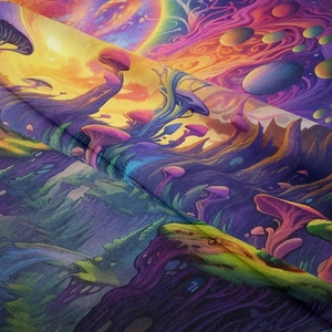 Detail showing soft velvety fabric texture and vibrant psychedelic mushroom print