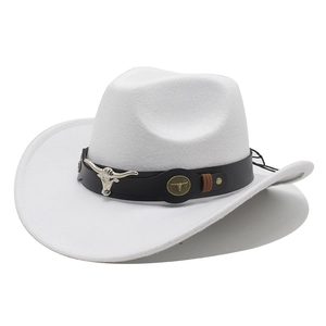 Classic white felt cowboy hat with black leather band and silver longhorn bull skull emblem