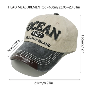Detailed size chart for retro embroidered baseball cap with dimensions and fit