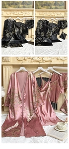 Détails d'un ensemble pyjama 5 pièces en satin de soie fleuri avec peignoir et nuisette