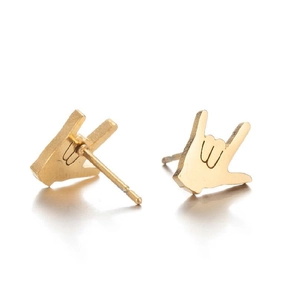 Polished golden stainless steel I Love You hand gesture stud earrings on white backdrop