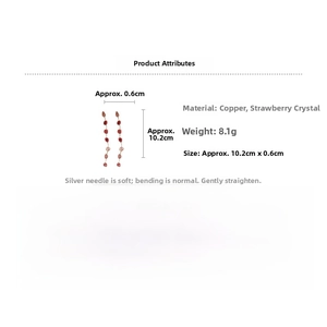 Detailed size parameters of long strawberry crystal tassel earrings with silver pins