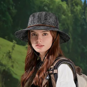 Dark grey wide-brim sun hat for outdoor hiking with leather band and windproof rope