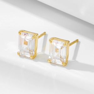 925 Sterling Silver Emerald Cut Rhinestone Stud Earrings Square Geometric Minimalist Fashion Jewelry For Women Gift