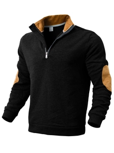 Detail of size M label on black stand collar sweatshirt with 95% polyester fabric