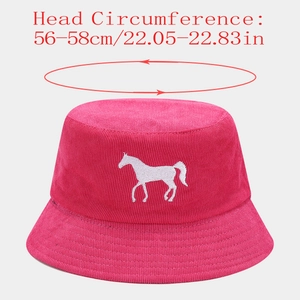 Pink corduroy bucket hat with white horse embroidery and 56-58cm head size detail