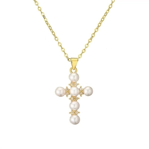 Elegant gold chain necklace featuring a cross pendant made of pearls and zircon crystals