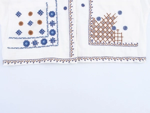 Detailed view of floral embroidery and resin buttons on white cotton linen blouse