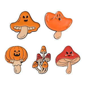 Set of 5 creative Halloween mushroom enamel pins with pumpkin and ghost designs