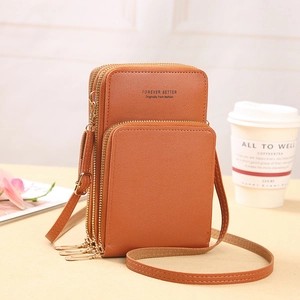 Brown leather crossbody phone bag with a three-zipper design and stylish shoulder strap