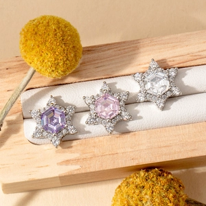 Star-shaped titanium steel studs with colorful zircon crystals on jewelry box