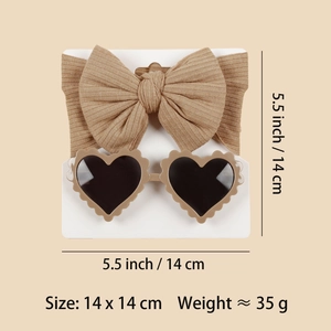 Baby bow headband and heart sunglasses set in brown ribbed knit fabric with display card