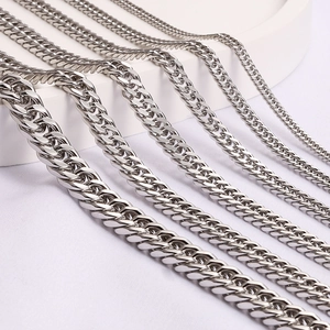 Multiple sizes of polished silver stainless steel Cuban link chains for DIY jewelry making