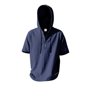 Detail of navy blue linen-style short sleeve hooded henley shirt with button placket