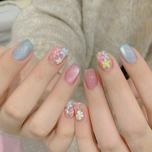 Spring Fresh Floral Cat Eye Press On Nails ABS Plastic Short Ballet Style Removable False Nails For Women Daily Use