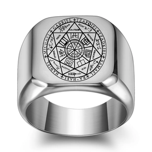 Polished silver stainless steel square signet ring featuring seven archangels seal carving