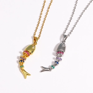 Articulated fish pendant necklaces in gold and silver with colorful crystal segments