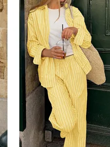 Women Long Sleeve Striped Button Down Shirt And High Waist Wide Leg Pants Polyester Casual Vacation Lounge Outfits