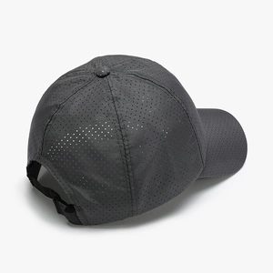 Breathable dark grey quick-dry baseball cap with perforated fabric and adjustable strap