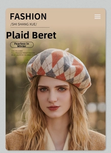 Close-up of knit checkered beret featuring orange and grey wool texture for autumn