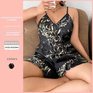Women Pajamas Loungewear Satin Imitation Satin Cherry Floral Print V Neck Cami And Ruffle Shorts Sleepwear Plus Size