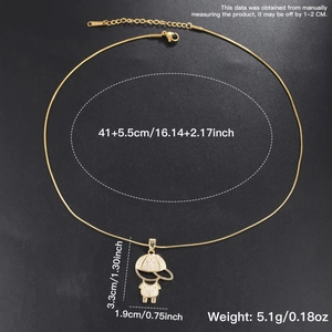 Gold plated boy pendant necklace with zircons and product dimension details in inches