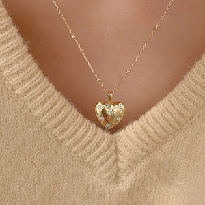 18K gold plated S925 silver heart necklace with white zircons on a delicate bead chain
