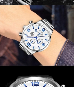 Detail of DEYROS men's watch featuring a white dial, blue numerals, and steel strap