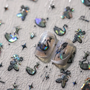 Holographic black swan and feather nail stickers with laser aurora finish for nail art
