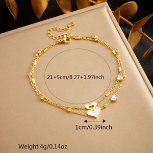 Double-layered gold anklet with heart pendants and tree of life details, 21+5cm length