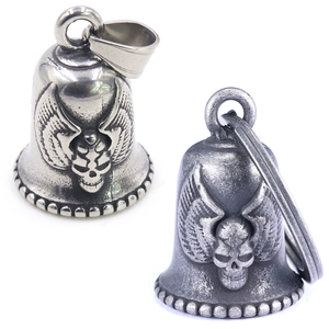 Skull wing motorcycle guardian bell in polished and vintage silver stainless steel