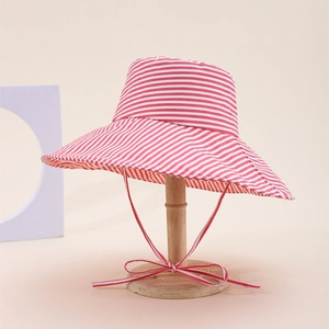 Toddler sun hat with red and white stripes and windproof drawstring for outdoor use