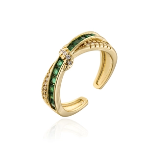 18K gold plated interlaced open ring featuring square green emeralds and zircon accents