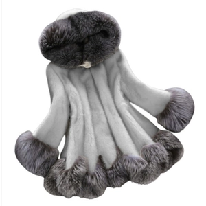 Mid-length grey faux fur coat with hood and dark plush trim in a flat lay view