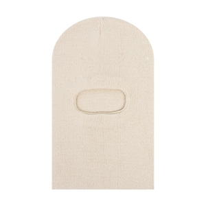 Detailed close-up of cream knit balaclava showing soft texture and single-hole design
