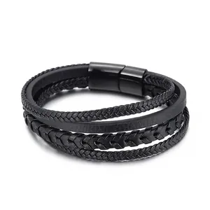 Men Multi-layer Braided Leather Bracelet With Stainless Steel Magnetic Clasp Vintage Punk Style Wristband Jewelry