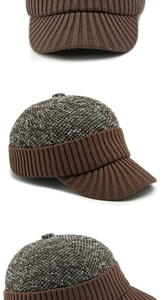 Dettaglio del cappello vintage in maglia con tesa a coste marroni e trama spessa